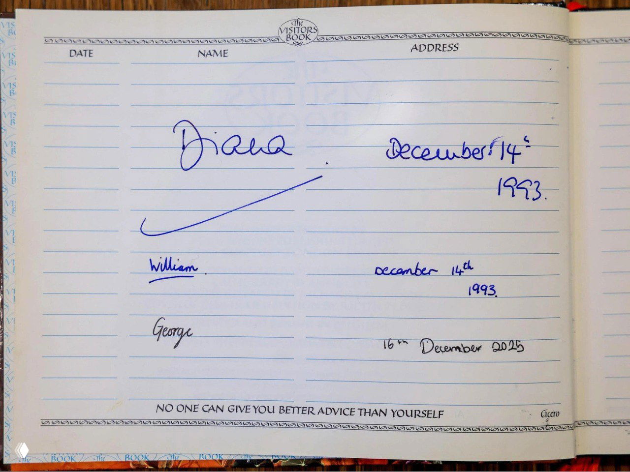 Разворот гостевой книги приюта The Passage с подписью "Diana", записями William, George и датами 1993 и 2025, видна страница с автографами.