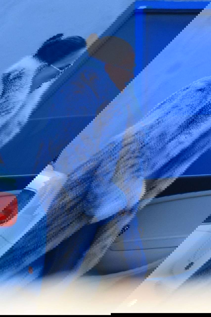 Фигура в длинном светло-сером меховом пальто, снимок в уличном антураже — тёплый осенний стрит-лук с гладкой причёской.