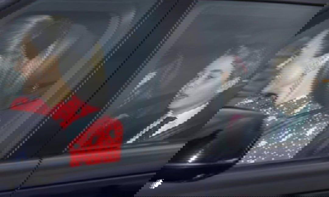 Боковой ракурс женщины в красном платье и двух детей в салоне автомобиля, вид через боковое стекло при посадке/движении.