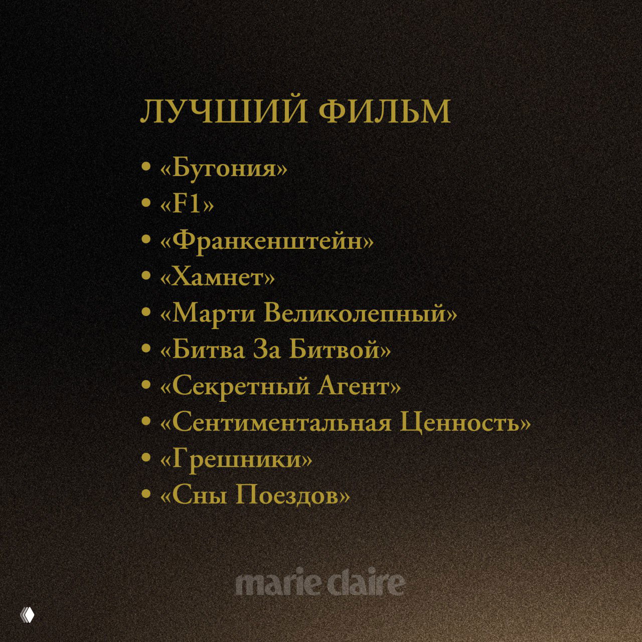 Слайд с заголовком «Лучший фильм» и перечнем номинантов, тёмный фон и золотой шрифт, видна подборка кинофильмов 2026 года