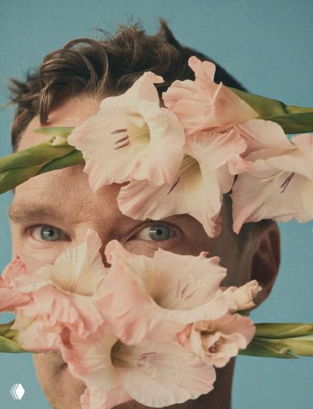 Крупный студийный портрет Бенедикта Камбербэтча, частично закрытый розовыми цветами, тонкая художественная и модная подача.