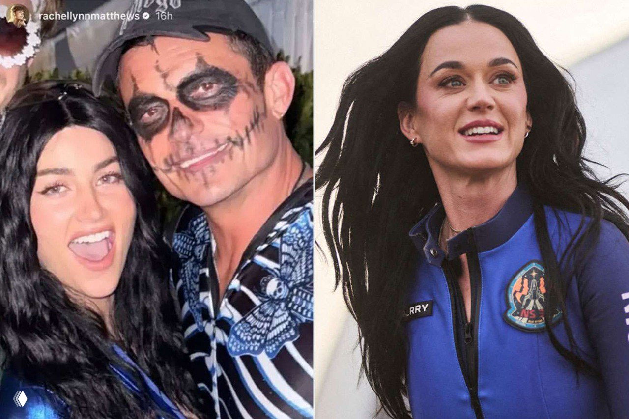 Коллаж: Орландо Блум в макияже скелета с новой девушкой в костюме Кэти Перри; справа — портрет Кэти в космическом костюме.