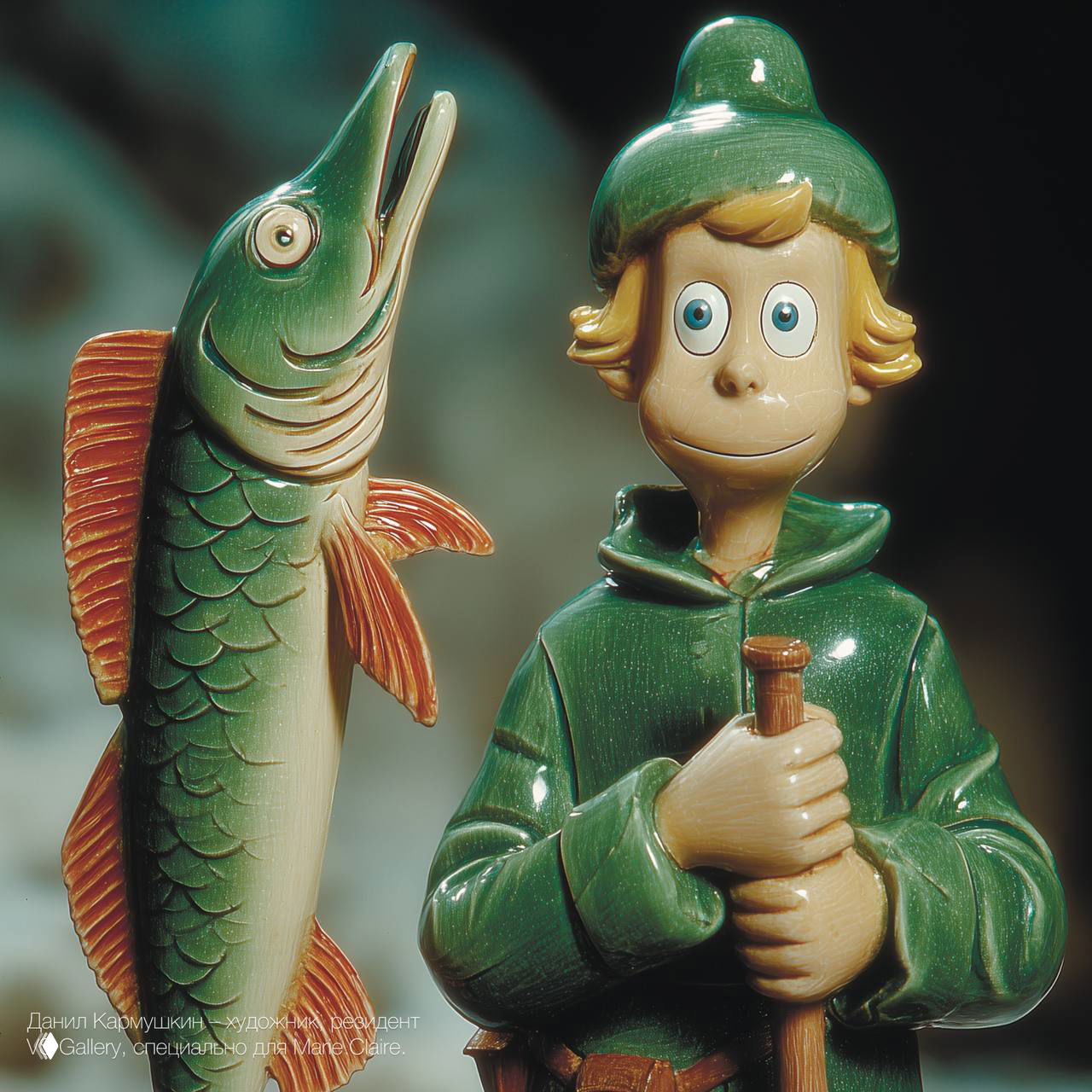 Декоративные фигурки: персонаж в зелёной одежде и большая рыба — фото для иллюстрации сказок в Marie Claire.