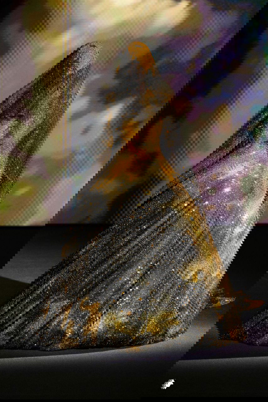 Тёмное платье с густым золотым напылением и вуалью, образ напоминает космическое или галактическое оформление в финале показа Роберта Вуна.