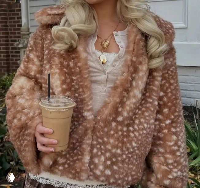 Рука с кофе и коричневая шуба с нежным пятнистым 'Бэмби'‑рисунком; деталь уличного аутфита в тёплой цветовой гамме для повседневного образа.