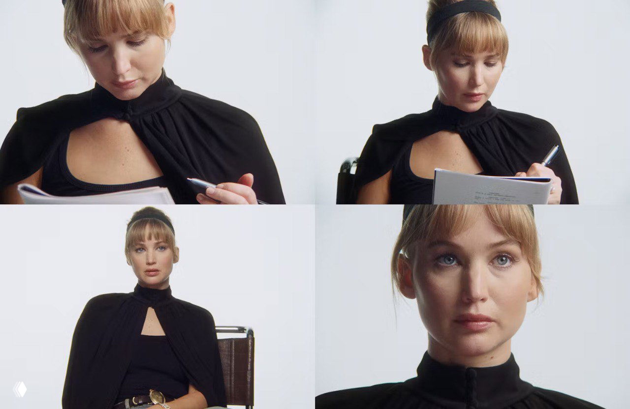 Студийный крупный портрет женщины в чёрном наряде на светлом фоне — сдержанная глянцевая эстетика, акцент на мимике и деталях лица.