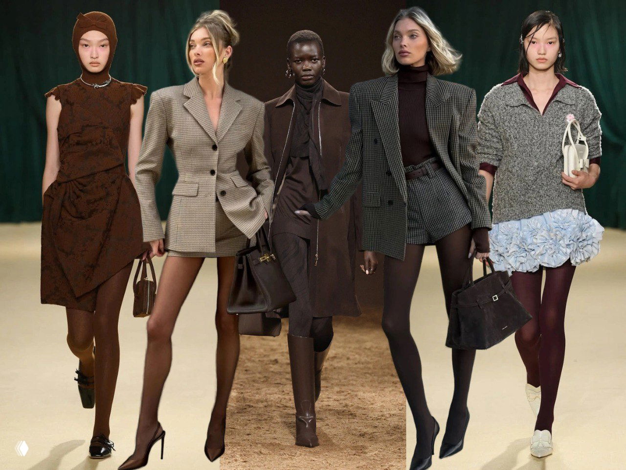 Групповое фото моделей на подиуме в колготках коричневого оттенка эспрессо; показаны образы с жакетами и платьями.