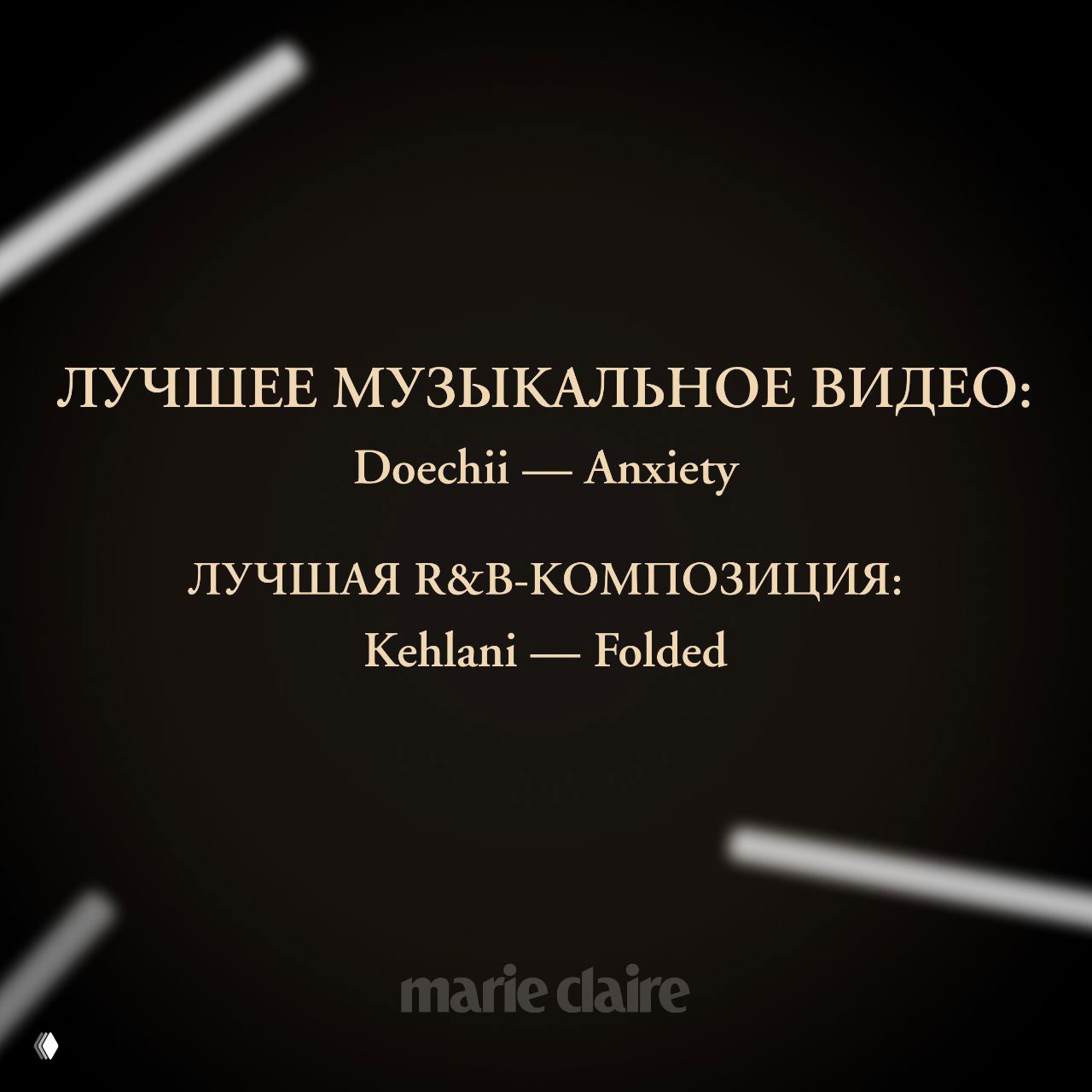 Карточка с надписями «Лучшее музыкальное видео: Doechii — Anxiety» и «Лучшая R&B‑композиция: Kehlani — Folded» на чёрном фоне, из официального объявления премии.
