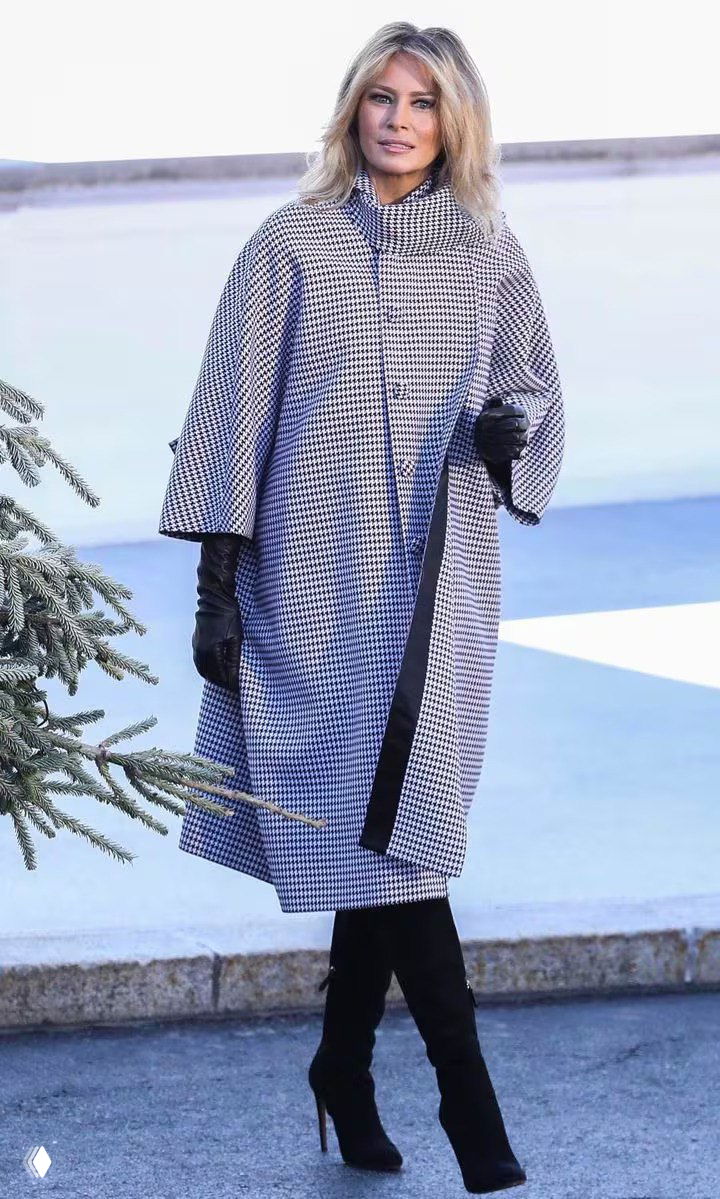 Женщина в длинном пальто в мелкую клетку позирует на зимнем фоне: высокие сапоги, перчатки и спокойная праздничная сцена.