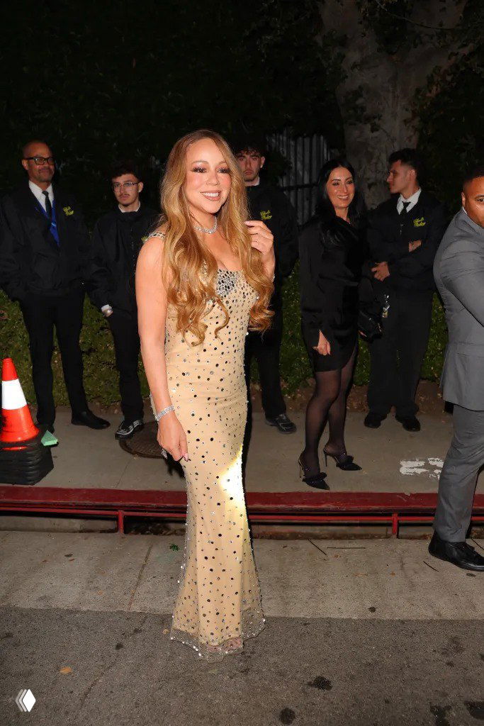 Гостья в бежевом иллюминированном платье идёт по дорожке на открытом воздухе вечером; рядом охрана и организаторы.