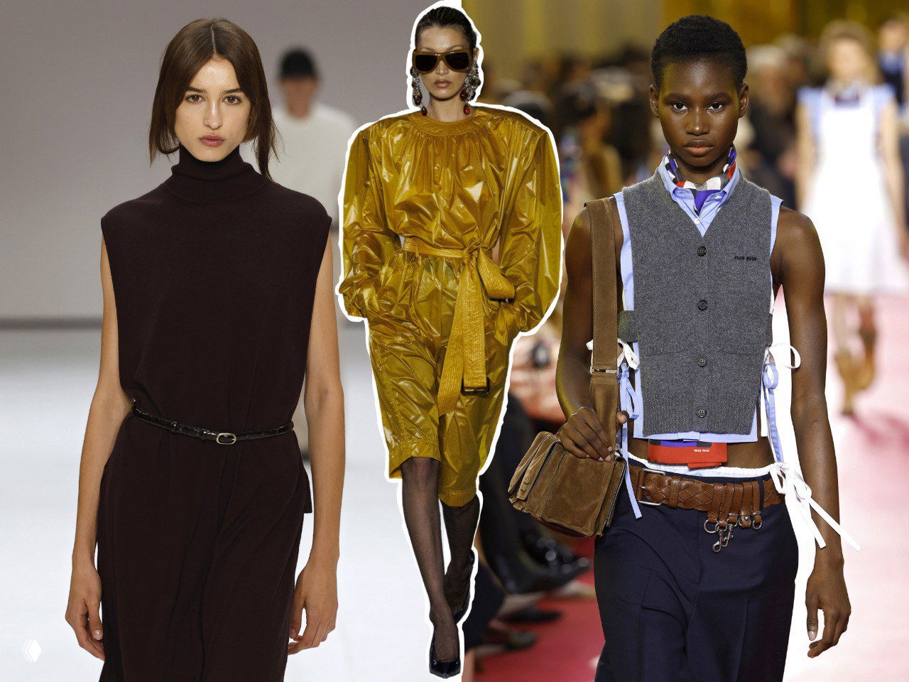 Коллаж: три модели на подиуме в модных образах сезона — лаковый жёлтый плащ, строгий тёмный комплект и жилетка с ремнями и аксессуарами.