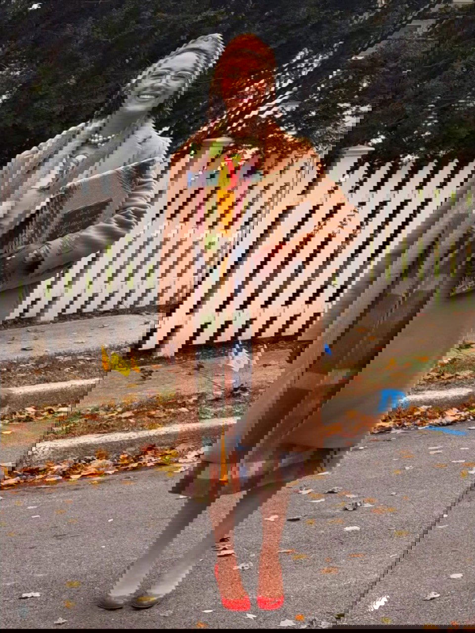 Блейк Лайвли в образе Элли: жёлтое платье, клетчатая накидка и коричневое пальто, красные туфли, она держит альбом у белого забора.