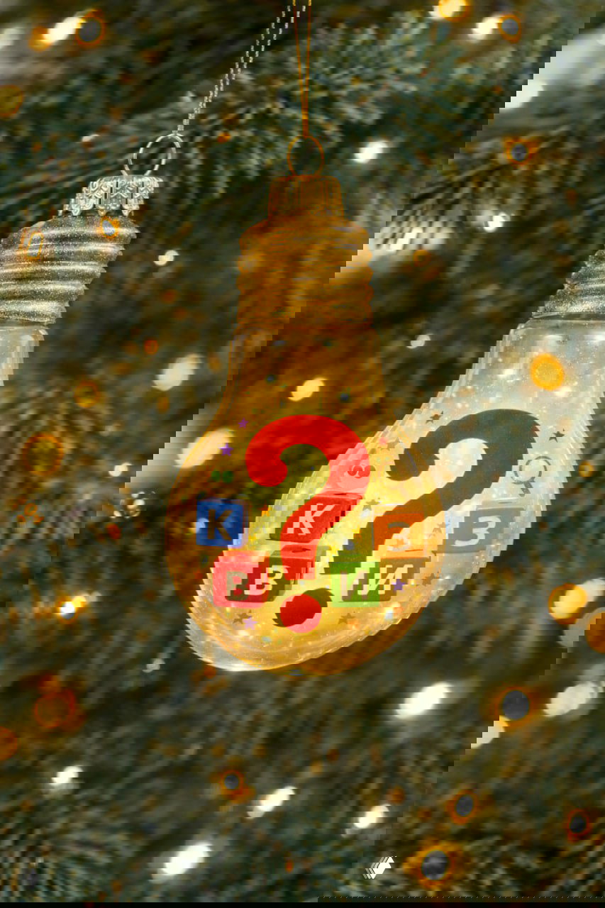 Ёлочная лампочка‑шар с вопросительным знаком и кубиками с буквами, символизирующая квизы и интерактивные форматы мероприятий Пищёвки.