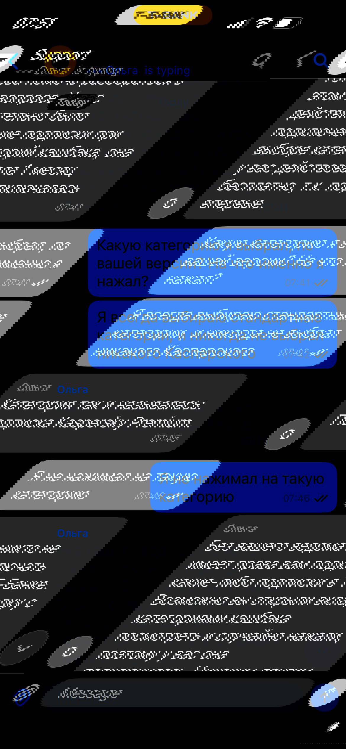 Дополнительный скриншот переписки: обсуждение названия категории «Подписка Kaspersky Premium» и возражения пользователя о том, что он не нажимал на такую категорию.