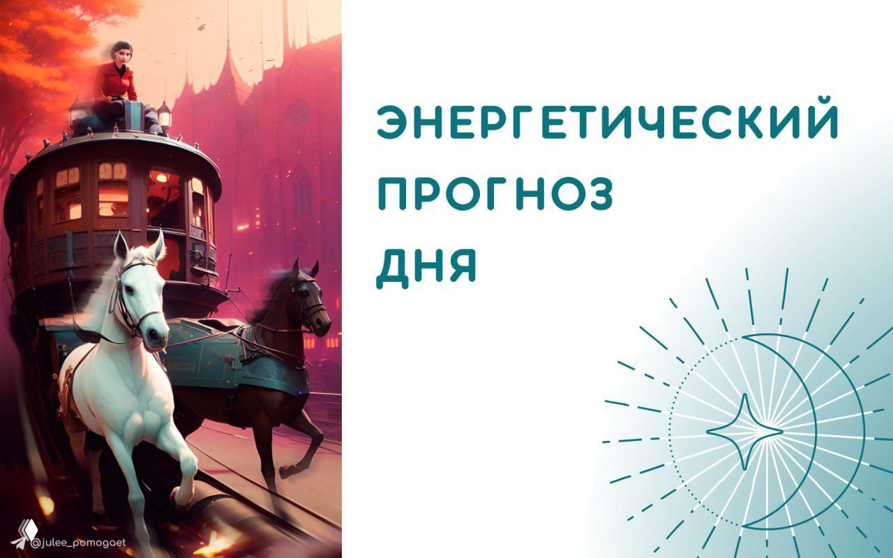 Иллюстрация: конная карета на фоне города и стилизованный слайд с надписью «Энергетический прогноз дня», декоративные элементы.