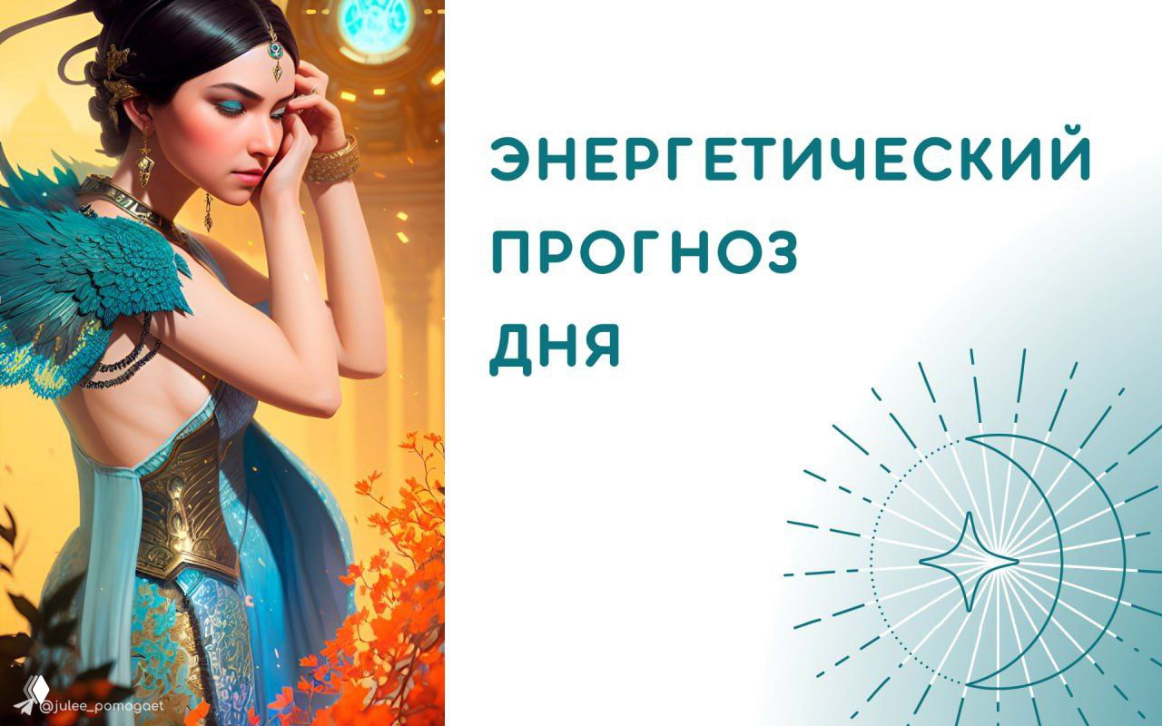 Иллюстрация: женщина в наряде слева и графический блок с надписью «Энергетический прогноз дня», теплые тона.