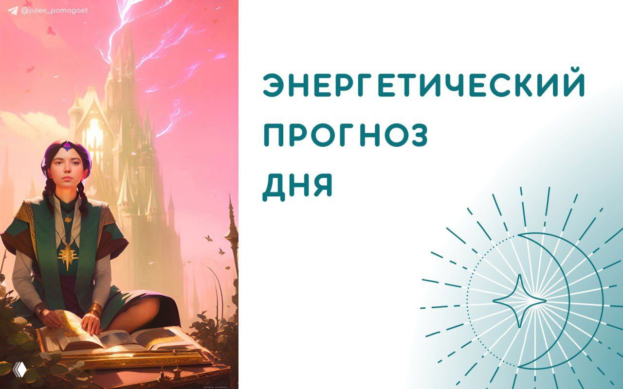 Иллюстрация: персона с открытой книгой на коленях на фоне замка и розового неба с молнией; справа текст «Энергетический прогноз дня».