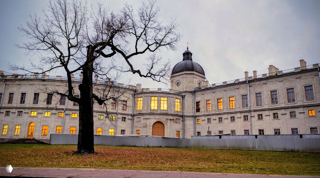 Фасад Большого Гатчинского дворца в вечерней подсветке: главный корпус с подсвеченными окнами, голое дерево и газон на переднем плане, ощущение приглушённого вечера.