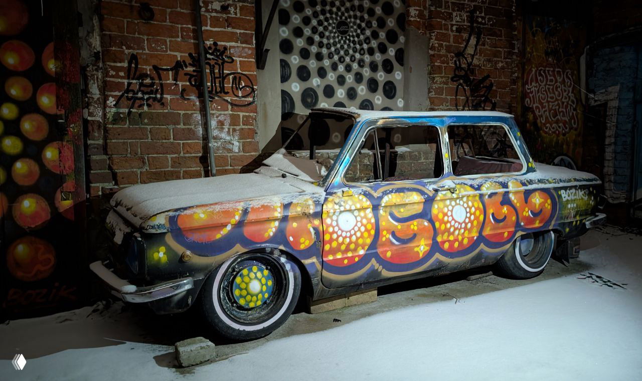 Старый автомобиль, покрытый граффити и тонким слоем снега, стоит в ангаре или дворе фабрики как экспонат уличного арта.