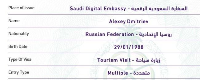 Распечатанная электронная туристическая виза Саудовской Аравии с видимыми полями: гражданство, тип визы и дата рождения — пример обязательного документа при поездке.