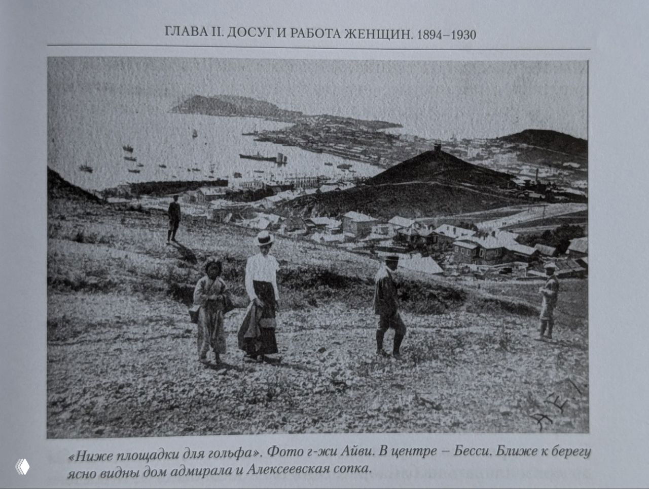 Чёрно‑белая историческая фотография в книге: люди прогуливаются по сопке, вид на бухту и дом адмирала, подпись под изображением на русском.