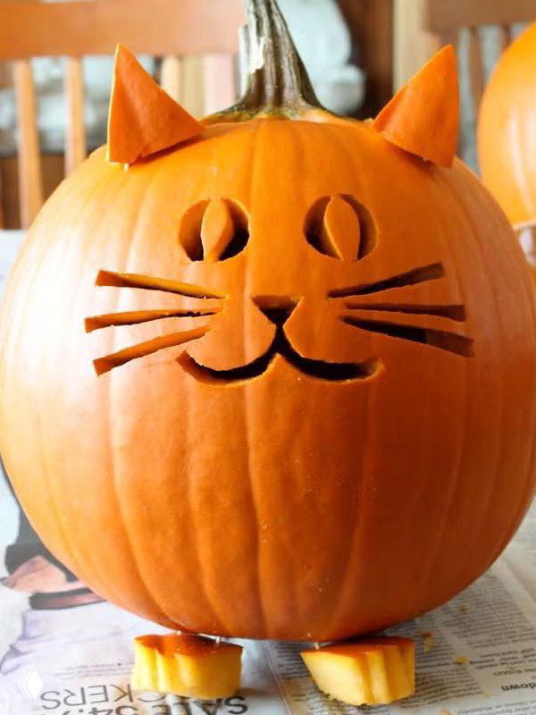 Тыква, вырезанная под морду кошки с ушками, стоит на газетах; фото крупным планом демонстрирует аккуратные резы и подпорки из тыквенных долек, внимание на деталях.