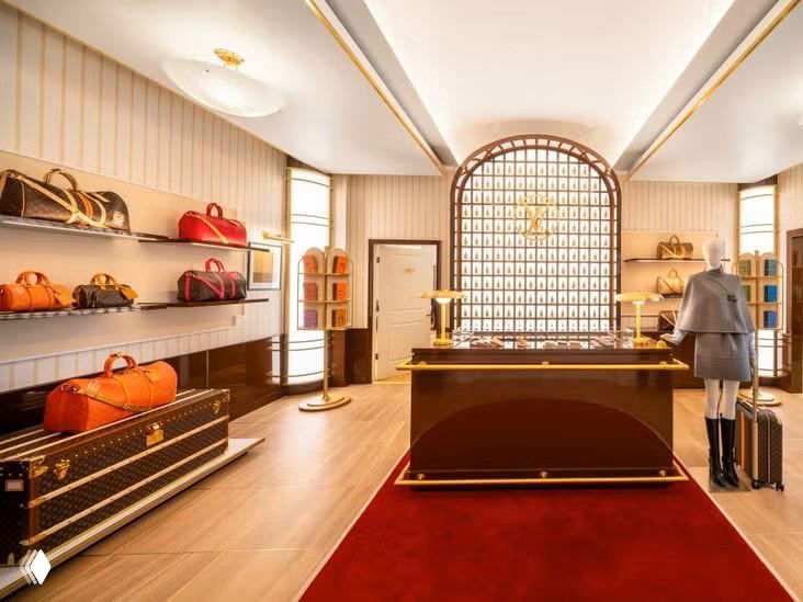 Интерьер поп‑ап отеля Louis Vuitton: аккуратно расположенные полки с монограммированными сумками, дорожные сундуки и приёмный стол в гостиничном стиле.