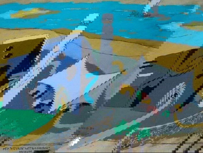 Эскиз или картина Макбула Фиды Хусейна с изображением концепции музея: цветная иллюстрация с белыми палатками и архитектурными формами.