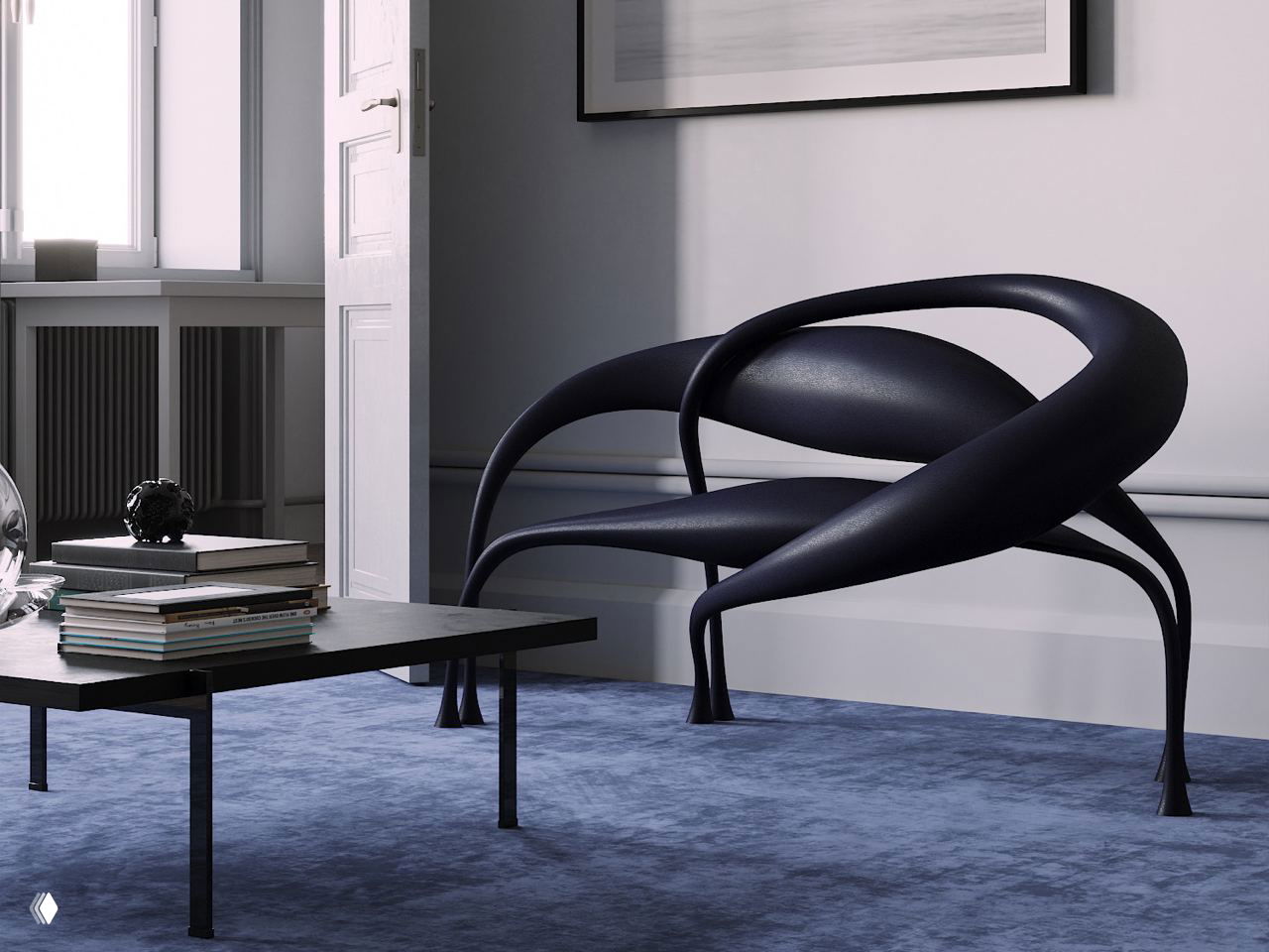 Дизайнерское скульптурное кресло чёрного цвета в интерьере с голубым ковром и низким столиком — пример редкого предмета коллекционного дизайна.