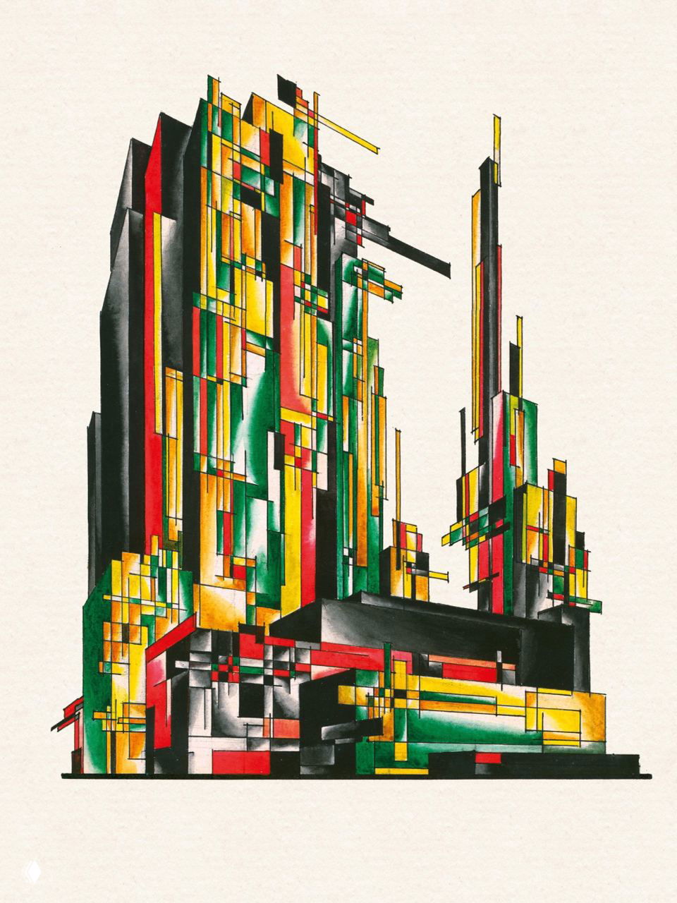 Цветная архитектурная графика в стиле авангард: геометризированные башни и блоки, контрастные жёлтые, зелёные и красные плоскости на белом фоне.