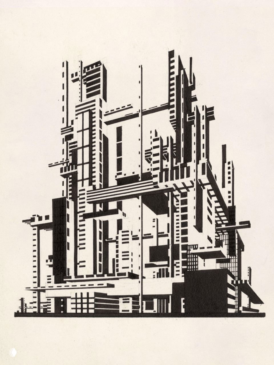 Чёрно-белая графика архитектурного объекта: строгие геометрические блоки, ритм окон и конструктивные элементы в виде штрихов и плоскостей.