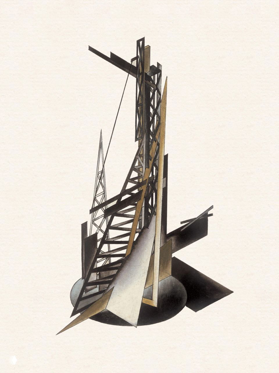 Стилизованный архитектурный набросок трубчатых и рамных конструкций: вертикальные опоры и наклонные фермы на нейтральном фоне.