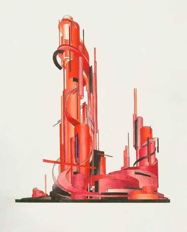 Изображение с цифровыми искажениями: абстрактная композиция с диагоналями и красными пятнами, напоминающая экспериментальную архитектурную визуализацию.