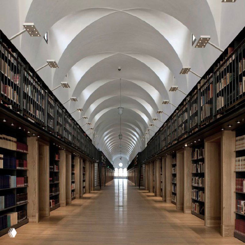 Интерьер с арочными потолками и книжными стеллажами — пример архитектурной реконструкции, иллюстрирующей работу де Лукки над общественными пространствами.