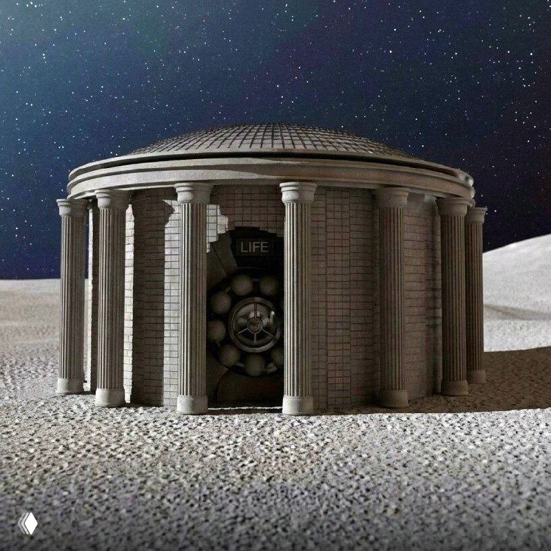 Архитектурный рендер надувных модулей отеля на лунной поверхности; кадр с пикселизацией/глич-эффектом и звёздным фоном, вид на модули сбоку.