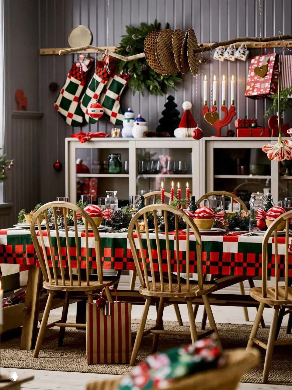 Уютный семейный стол с зелёно‑красной скатертью и традиционными украшениями: деревянные стулья, гирлянды и подарки вокруг создают домашнюю атмосферу.