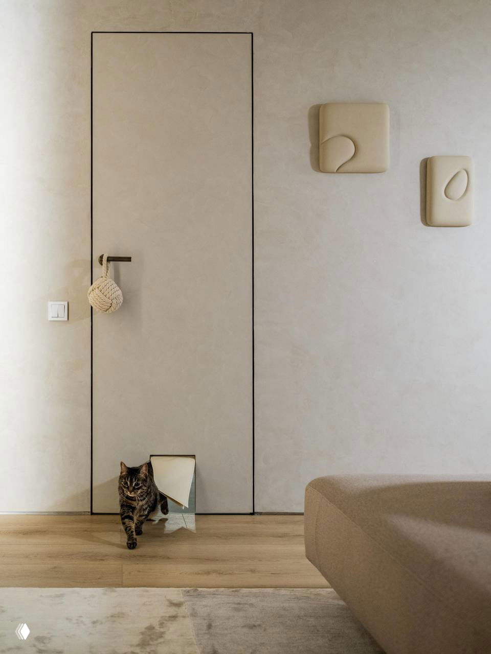 Дверь в нейтральной отделке с маленьким входом для кошки; на переднем плане кот, выходящий через кошачью дверь, и отражение в зеркале на полу.