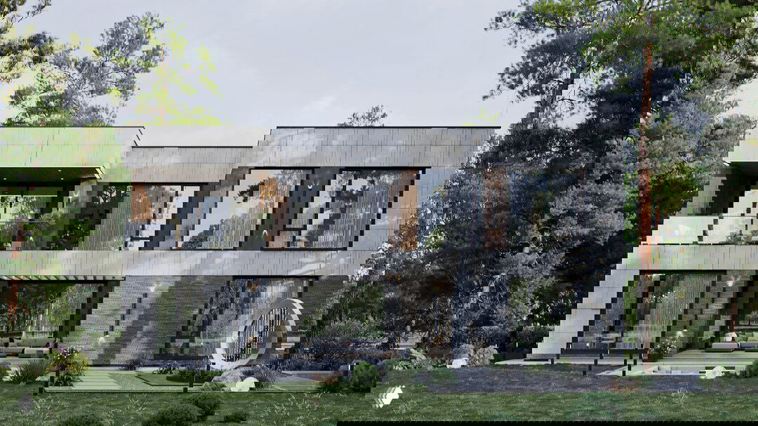 Фасад современного дома в клубном посёлке Corner Lapino: панорамные окна, терраса, ухоженный газон и сосны вокруг.