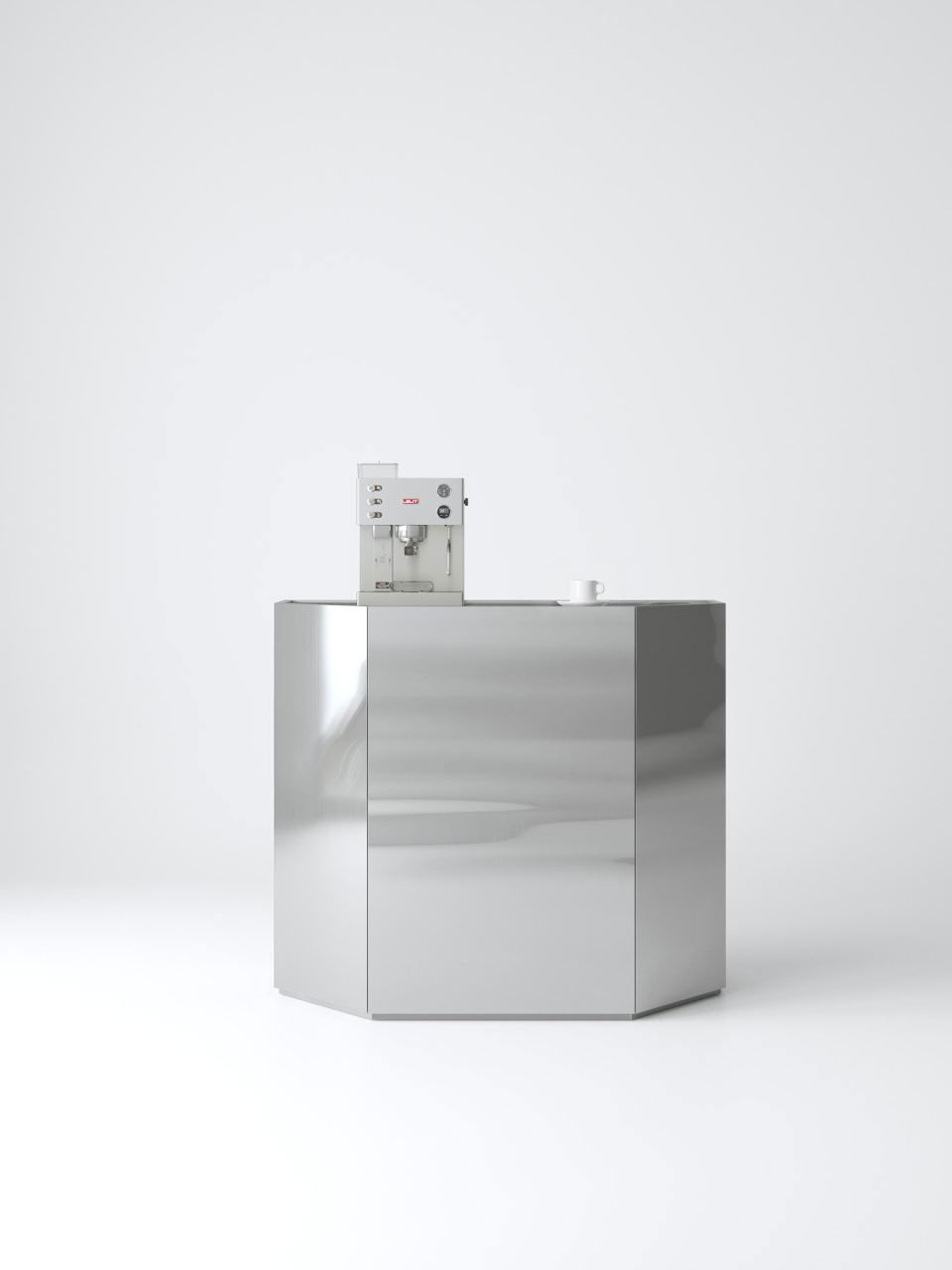 Шестиугольная консоль Hexa Console с зеркальной глянцевой поверхностью на светлом фоне — лаконичный интерьерный объект из серии objects.dpt, модульная геометрия.