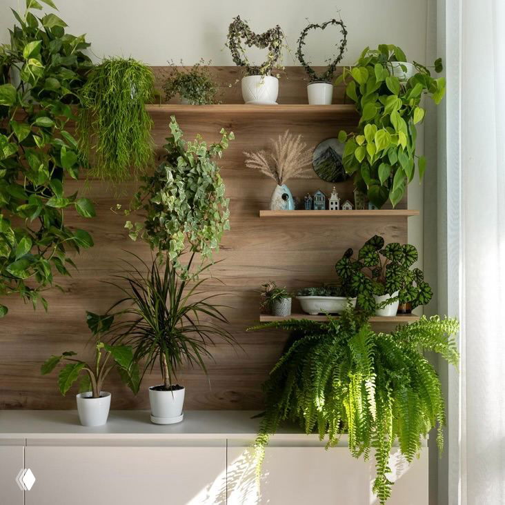 Деревянные полки с разнообразными комнатными растениями и декоративными горшками, зелень формирует вертикальную композицию на фоне светлой стены.