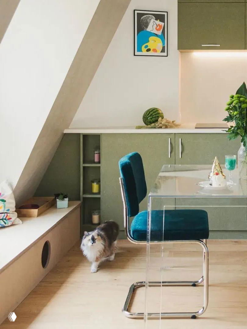 Интерьер небольшого парижского лофта: прозрачный стол, бирюзовое кресло и пушистая домашняя кошка на светлом деревянном полу.