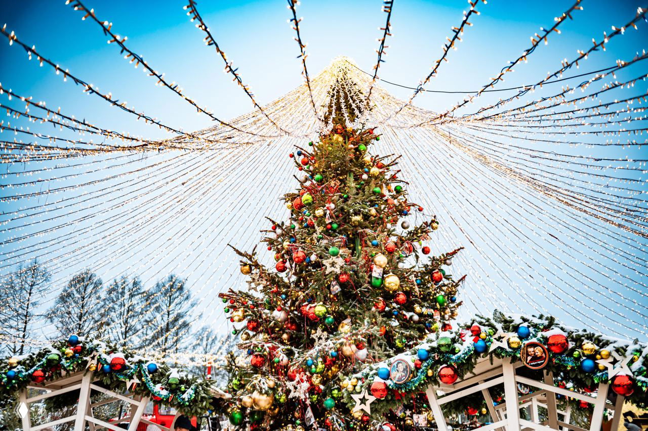 Высокая нарядная ёлка под куполом из тысяч гирлянд на открытой праздничной ярмарке в зимнем небе Москвы; торжественная атмосфера и огни.