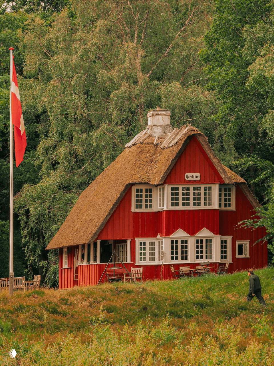 Красный скандинавский дом с соломенной крышей в окружении густого леса; возле дома виден поднятый датский флаг и человек, идущий по травяному лугу.