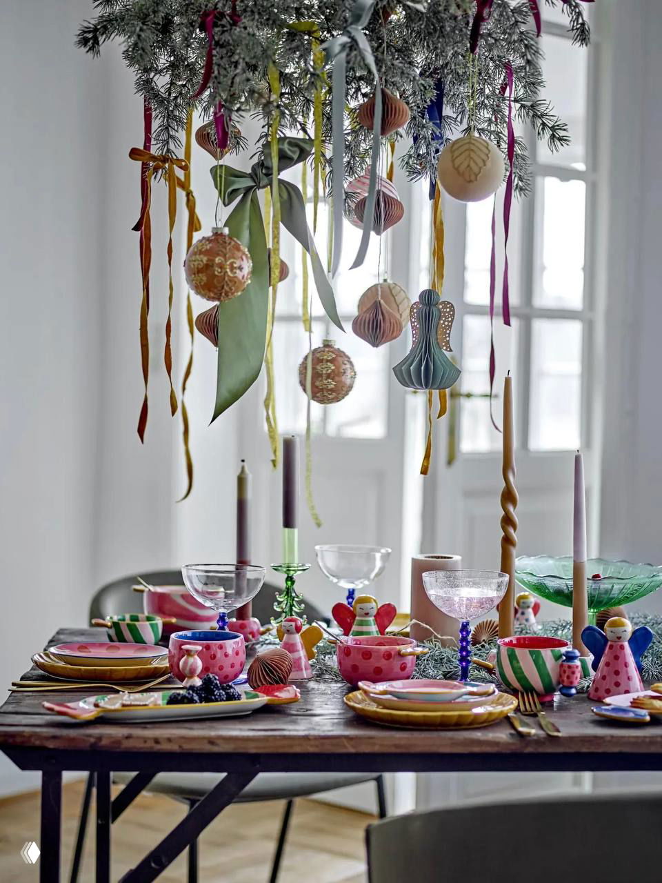 Сервировка стола под подвесными гирляндами и шариками: цветные ленты, посуда и игрушки в праздничной композиции без традиционной елки.