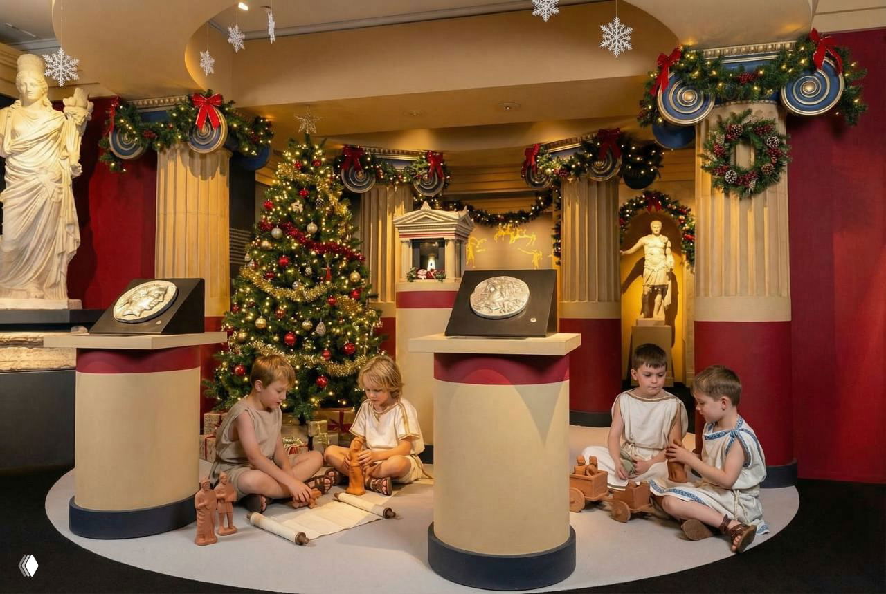 Детская музейная инсталляция: дети играют у рождественской ёлки среди колонн и музейных экспонатов, праздничная экспозиция для семей.