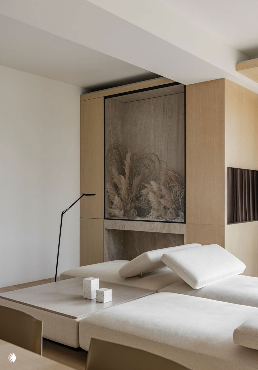 Крупный план зоны отдыха: низкая мягкая мебель нейтральных тонов, мелкие архитектурные детали и композиция сухоцветов в нише за диваном.