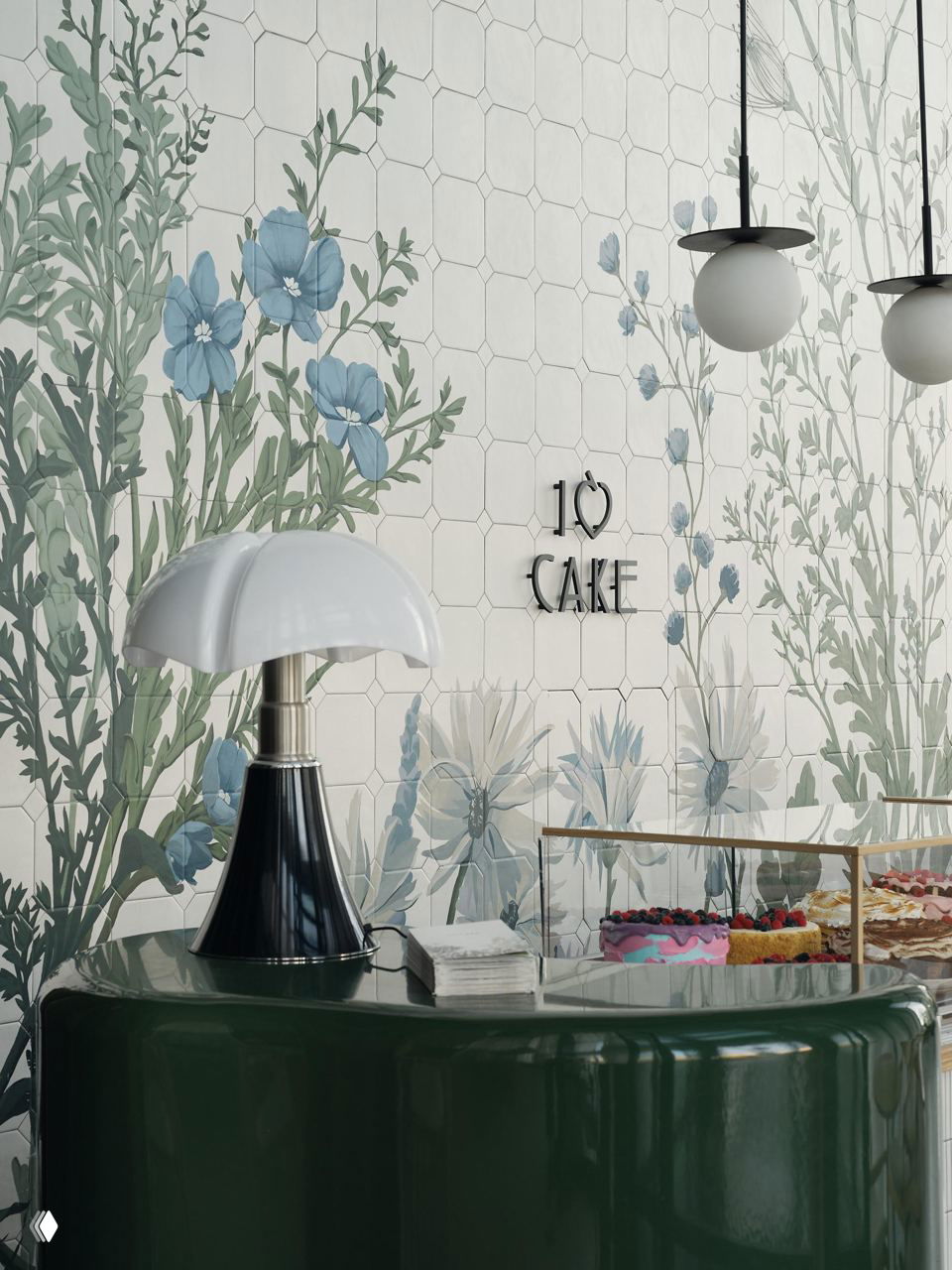 Декоративная плитка со стилизованными цветами за стойкой кафе I Love Cake, витрина с ягодными и цветочными десертами, лампа в ретро‑стиле