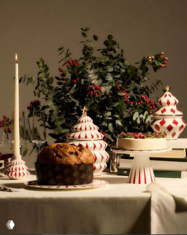 Стилизованный праздничный стол с тарелками и композициями из коллекции Alessi 2025/26 — акцент на сервировке и аксессуарах для стола.