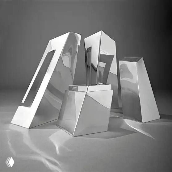 Элементы сервиза из полированной нержавеющей стали с архитектурными, угловатыми формами — отражения и геометрия в дизайне Захи Хадид.