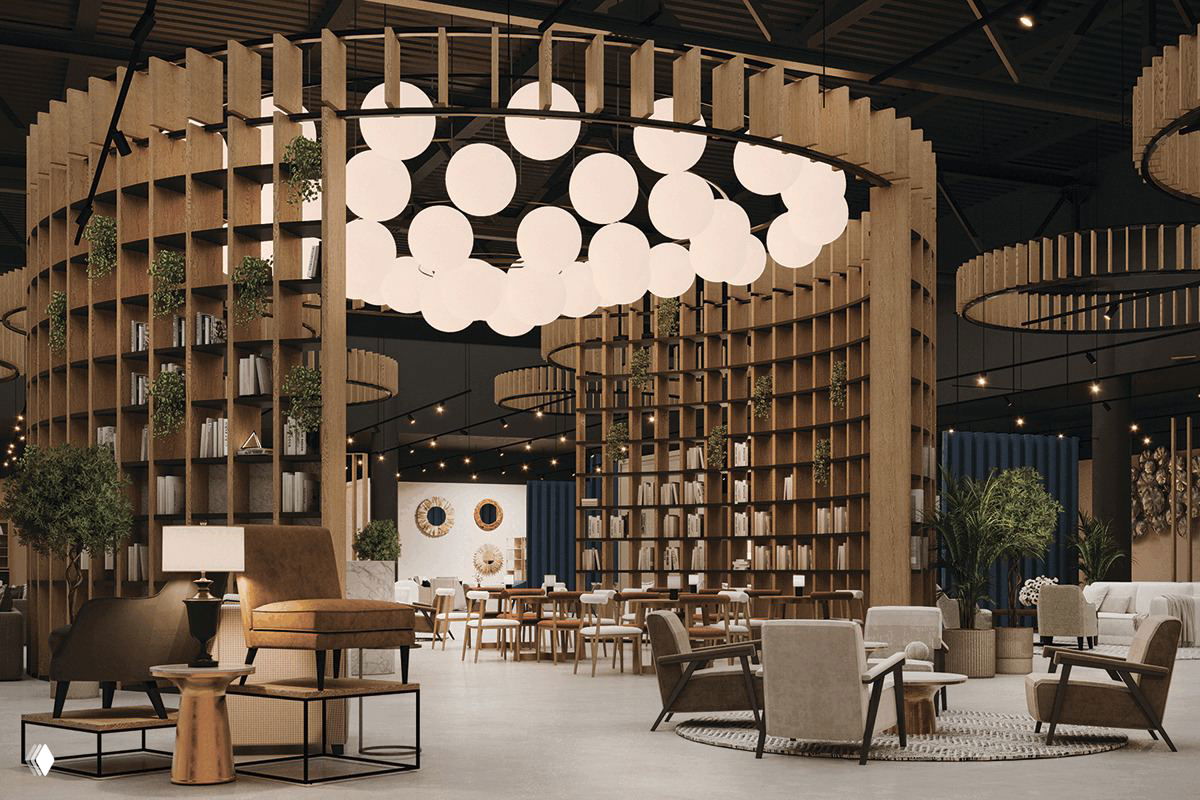 Интерьер универмага Dantone Home: круглая кафе‑библиотека, высокие потолки и открытые зоны с креслами и столиками в тёплой нейтральной гамме.